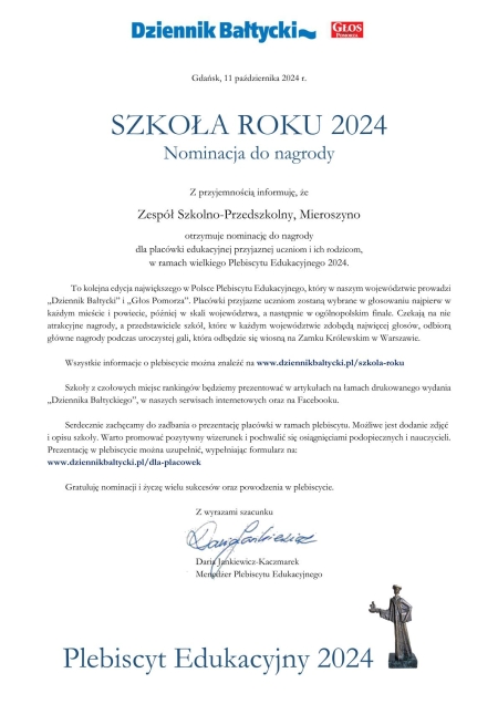 Nominacja do nagrody SZKOŁA ROKU 2024