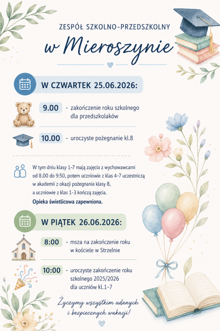 Zakończenie roku szkolnego - harmonogram